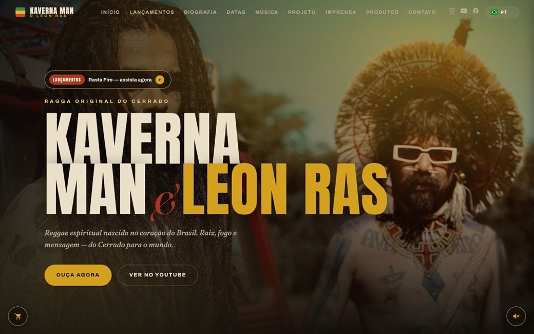 Site do duo Kaverna Man & Leon Ras, com foto dos artistas e tipografia em caixa alta